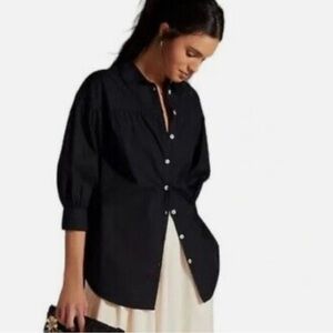 Anthropologie Maeve midnight blue oversized puff  Sleeve Button Down shirt XS